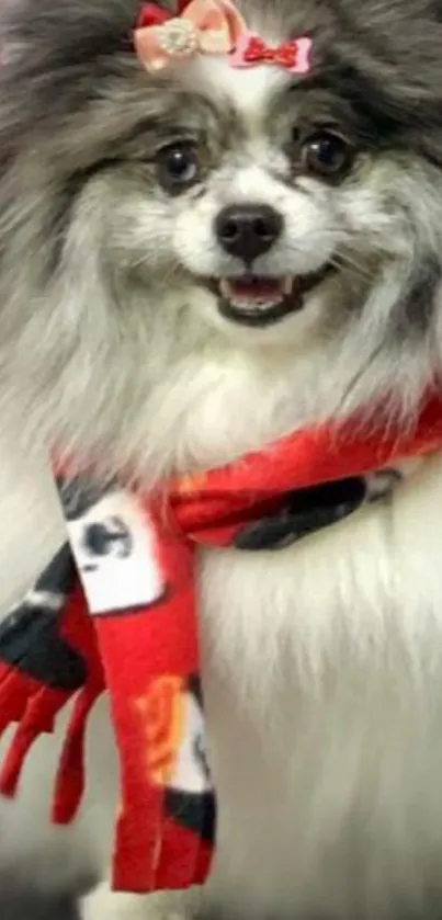 Fluffy dog wearing a red scarf with a bow on its head.