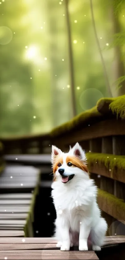 Cute dog sitting on a wooden path in a lush green forest scene.