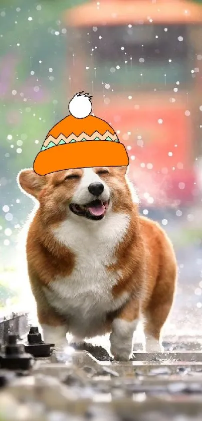 Smiling corgi on tracks wearing hat in snowy green setting.