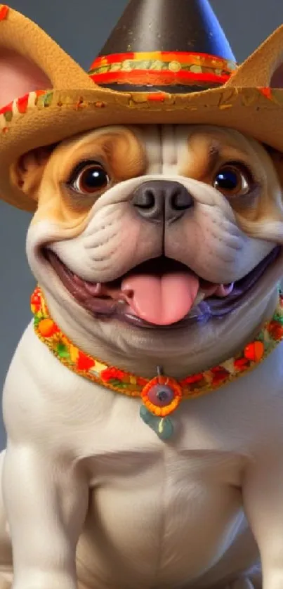 A cute bulldog wearing a colorful sombrero, smiling joyfully.