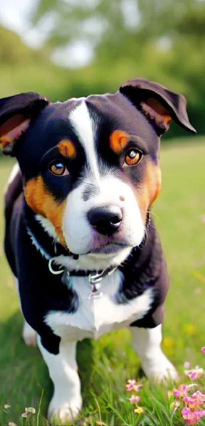 Cute dog in a vibrant field with flowers.