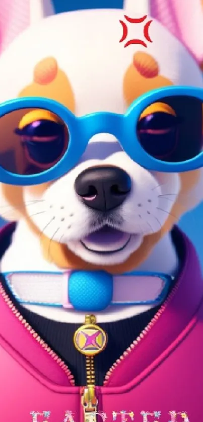 Cartoon dog wearing blue sunglasses and a pink jacket, set on a blue background.