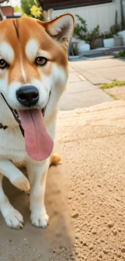 Adorable dog with tongue out in sunny backyard setting.