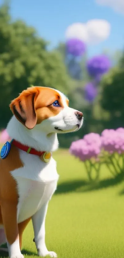 Adorable cartoon dog sitting in a vibrant, sunny meadow.