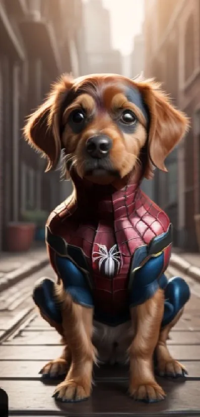 Cute puppy in superhero costume sitting in a brick alleyway.