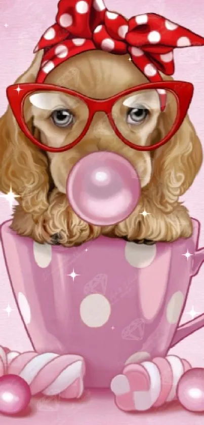 Cute dog with glasses in a pink teacup wallpaper.