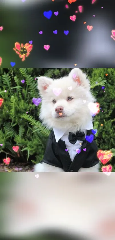 Adorable white dog in tuxedo with colorful hearts on a green background.