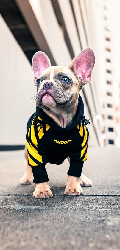 French Bulldog in black and yellow hoodie on city street.