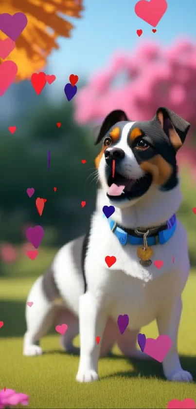 Happy dog in a colorful garden with flowers and green grass.