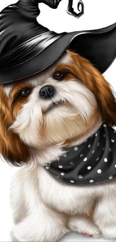 Shih Tzu dog with witch hat and scarf, perfect for Halloween mobile backgrounds.