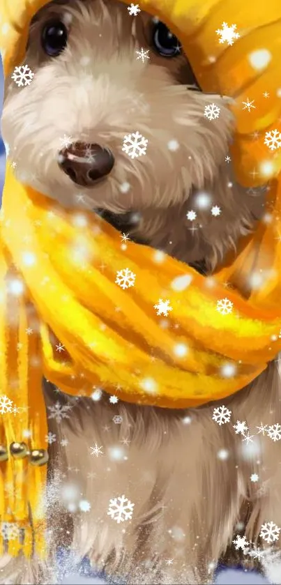 Adorable dog with a yellow scarf in a snowy scene.