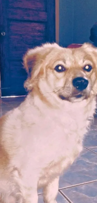 Cute fluffy dog sitting indoors on a tiled floor.