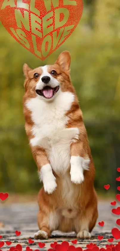 Cute corgi with red heart design wallpaper.