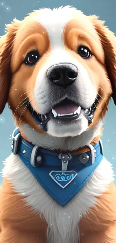 Adorable brown and white dog with blue collar, smiling happily.