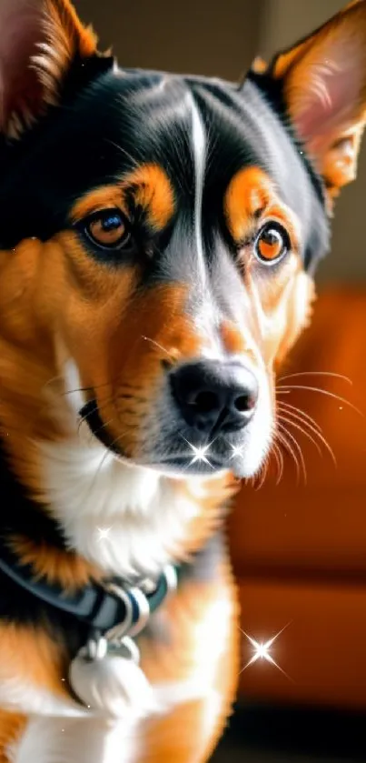 Close-up of a tricolor pup with pointed ears and curious expression.