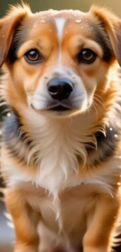 Close-up of a cute wet puppy with a soft focus background.