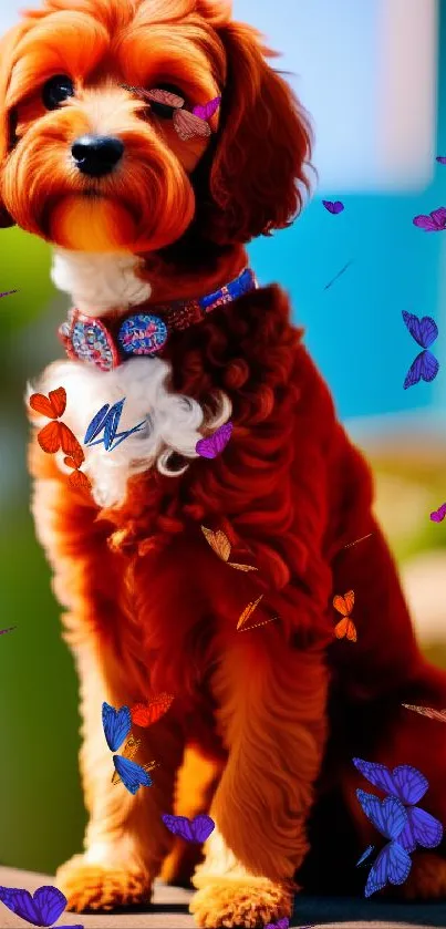 Adorable curly-haired dog with a bright, colorful background.