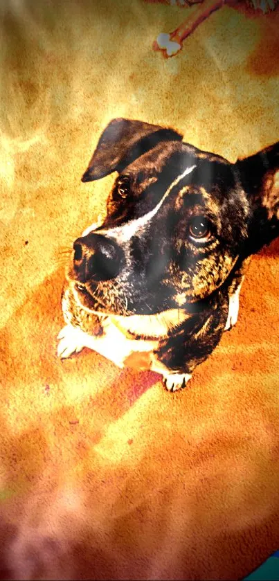 Adorable black and white dog on a warm-toned carpet.