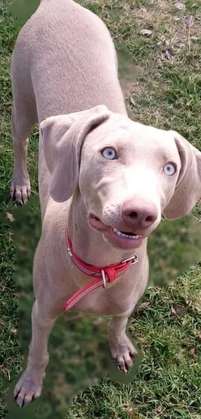 Adorable dog standing on green grass, wearing red collar.