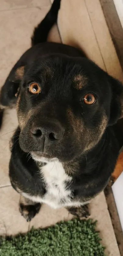 Adorable dog sitting by a porch door.