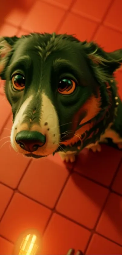 Cute dog sitting on red tiles, looking up adorably.