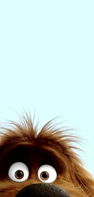 Adorable fluffy dog peeking over a light blue background for mobile wallpaper.