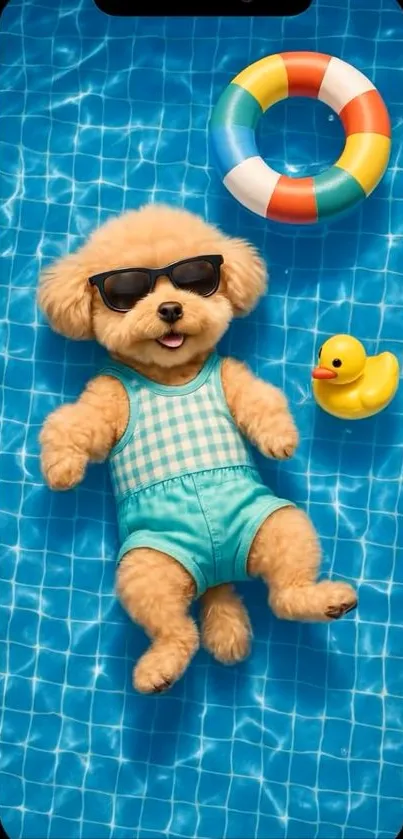 Cute dog in pool with float and rubber duck.