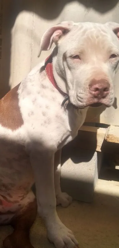 Adorable dog basking in sunlight against a rustic background.