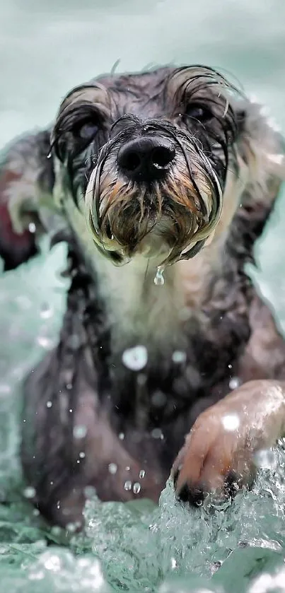 Cute dog splashing in turquoise water.