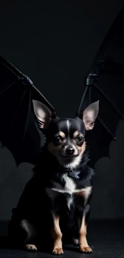 Cute dog with bat wings on a dark background.