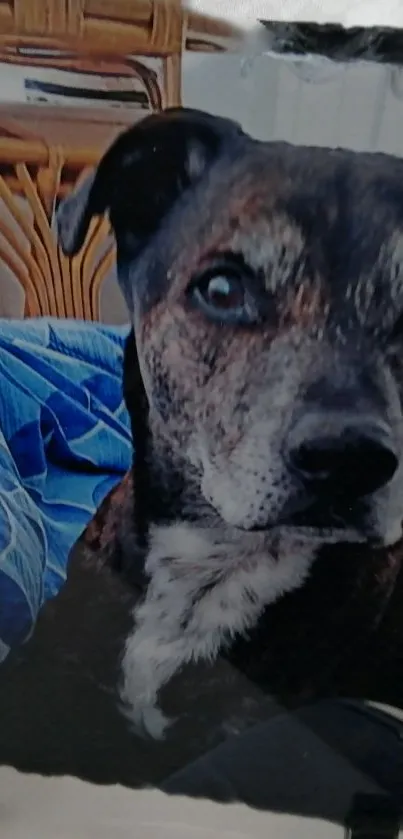 A cute dog sits against a blue blanket.