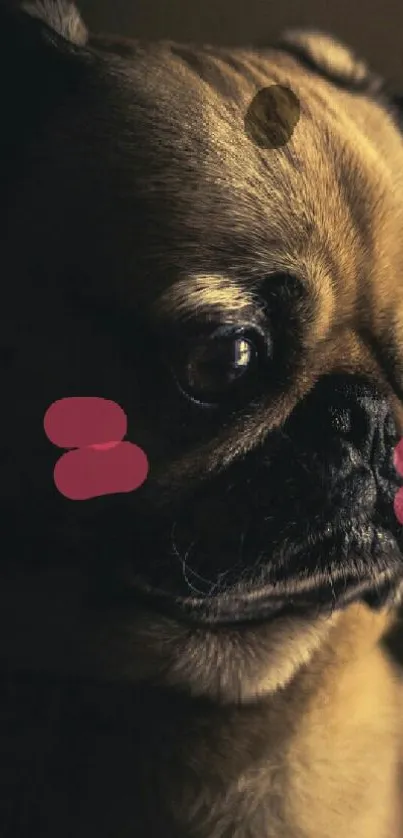 Cute pug with cartoon blush cheeks in moody lighting.