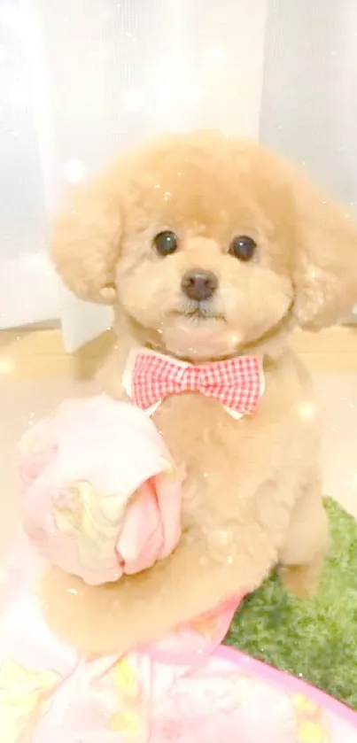 Adorable beige dog with a red bowtie holding a pink blanket.