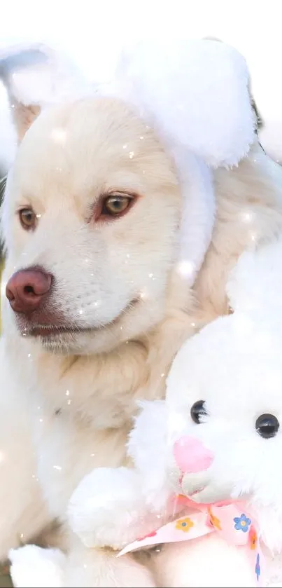 Cute dog with bunny ears and plush toy in a cheerful outdoor setting.