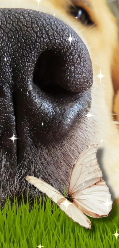Close-up of a dog's nose with a butterfly resting on grass, sparkling in sunlight.
