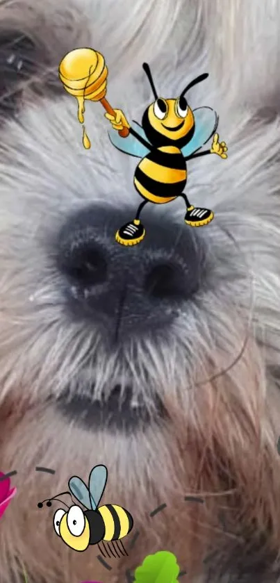 Cute dog with cartoon bees and flowers on mobile wallpaper.