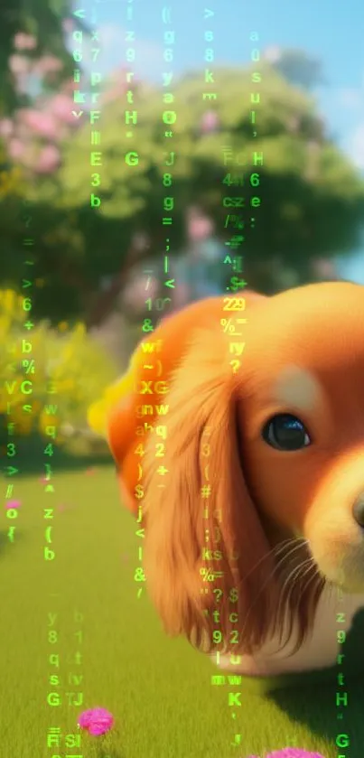 Adorable dog with green code overlay in lush garden setting.