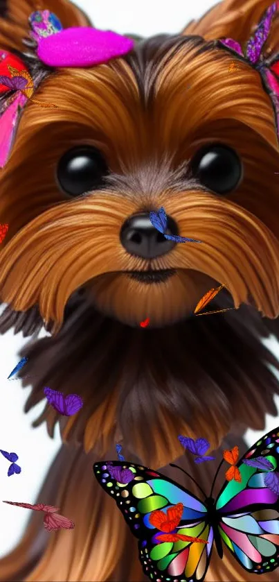 Cute Yorkshire Terrier with colorful butterflies on a lively background.