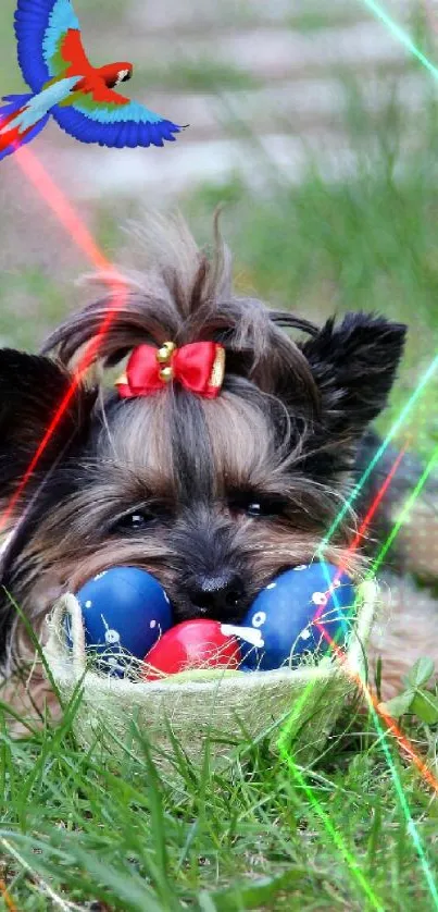 Small dog with a red bow on grass, colorful parrot above.