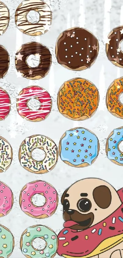 Cute dog surrounded by colorful donuts on a playful wallpaper.