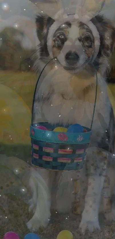 Dog in bunny costume with Easter basket of eggs.