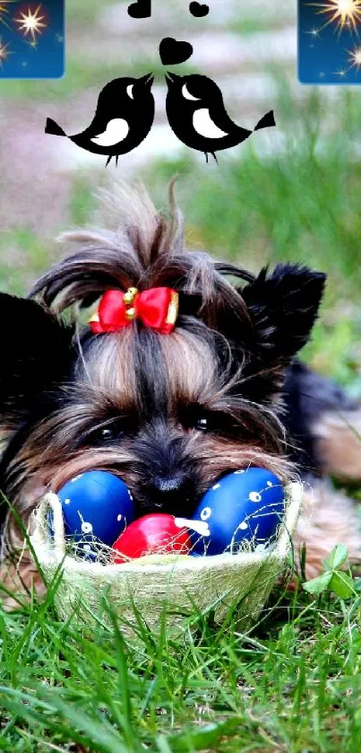 Yorkshire Terrier with Easter eggs in green grass, adorned with a red bow.