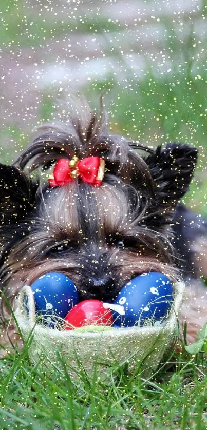 Adorable dog with red bow and Easter eggs on grass.