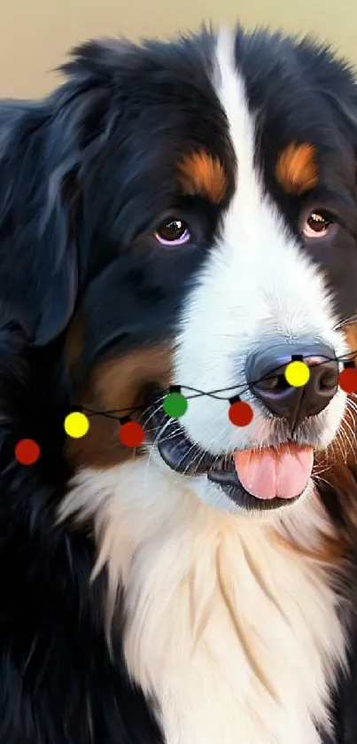 Cute Bernese Mountain Dog with colorful festive string lights.