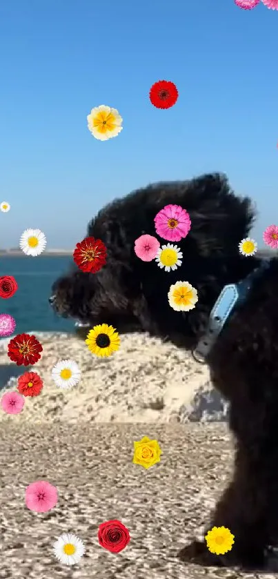 Cute dog by ocean with colorful flowers and blue sky.