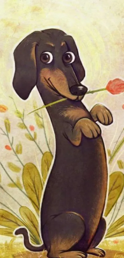 Dachshund illustration holding a flower in vibrant colors.