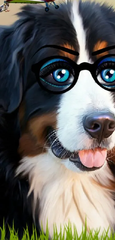 An adorable dog with blue eyes wearing black glasses.