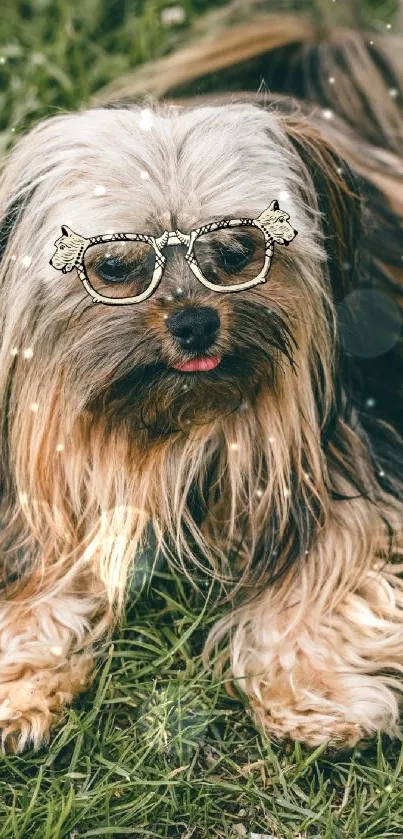 Cute dog with glasses lying on lush green grass.