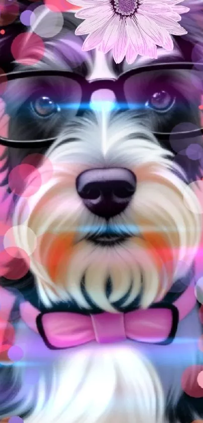 Cute dog in glasses with pink bokeh background.
