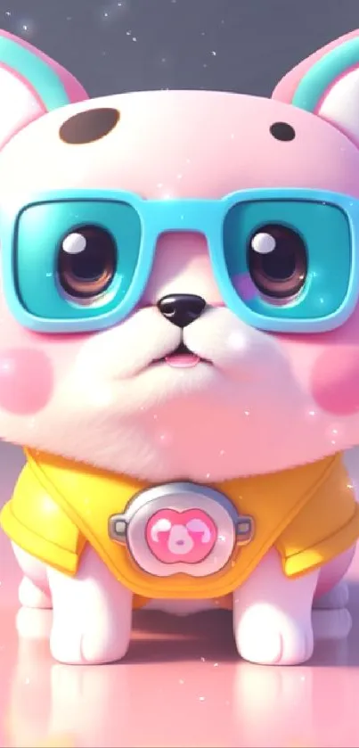 Cute pink dog with glasses and yellow outfit, cartoon style.